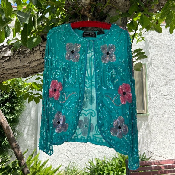 Turquoise Pink 100% Silk Floral Sequin Short Jacket | Hand Embroidered | Small - Picture 14 of 16